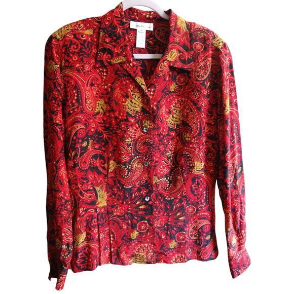 Evan Picone Tops - Vintage 90s Y2K Evan Picone Red Paisley SILK Button Down Blouse Plus 16 Boho